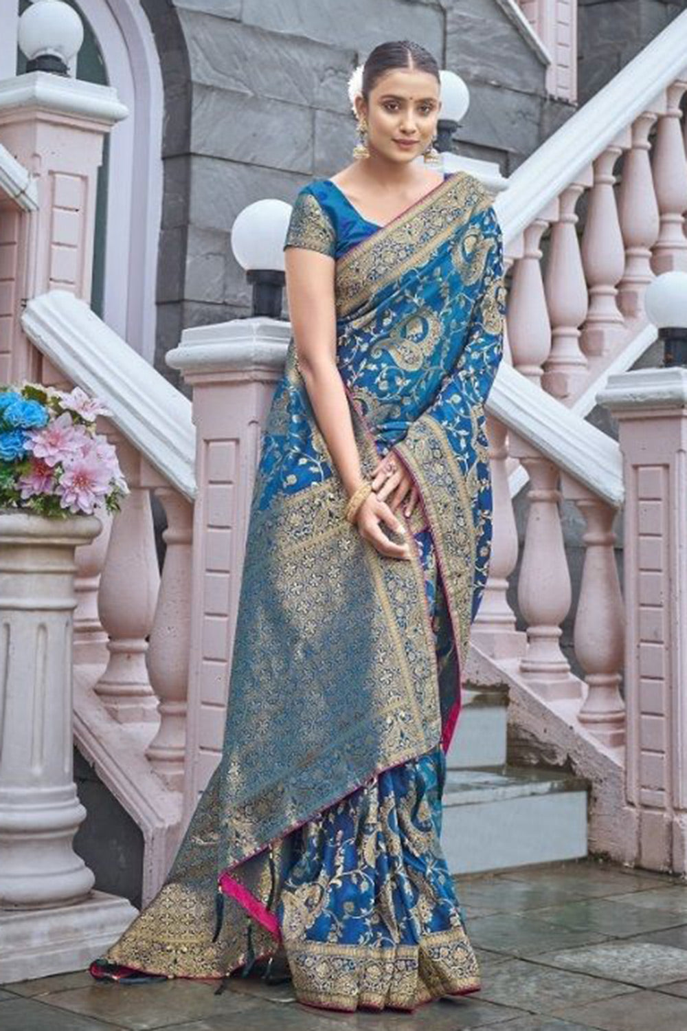Cerulean Blue Banarasi Silk Saree With Zari Weaving Work