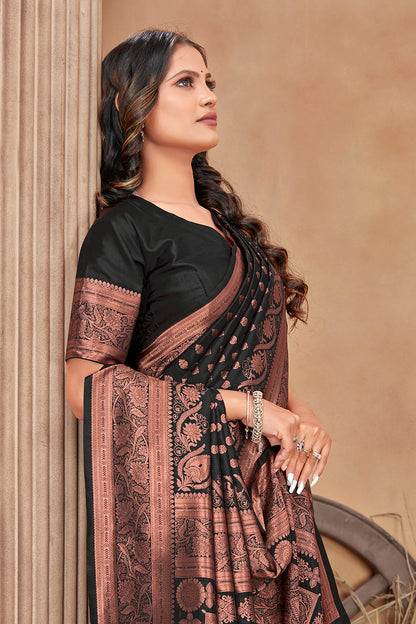 Dark Black Banarasi Silk Saree With Zari Weaving Work