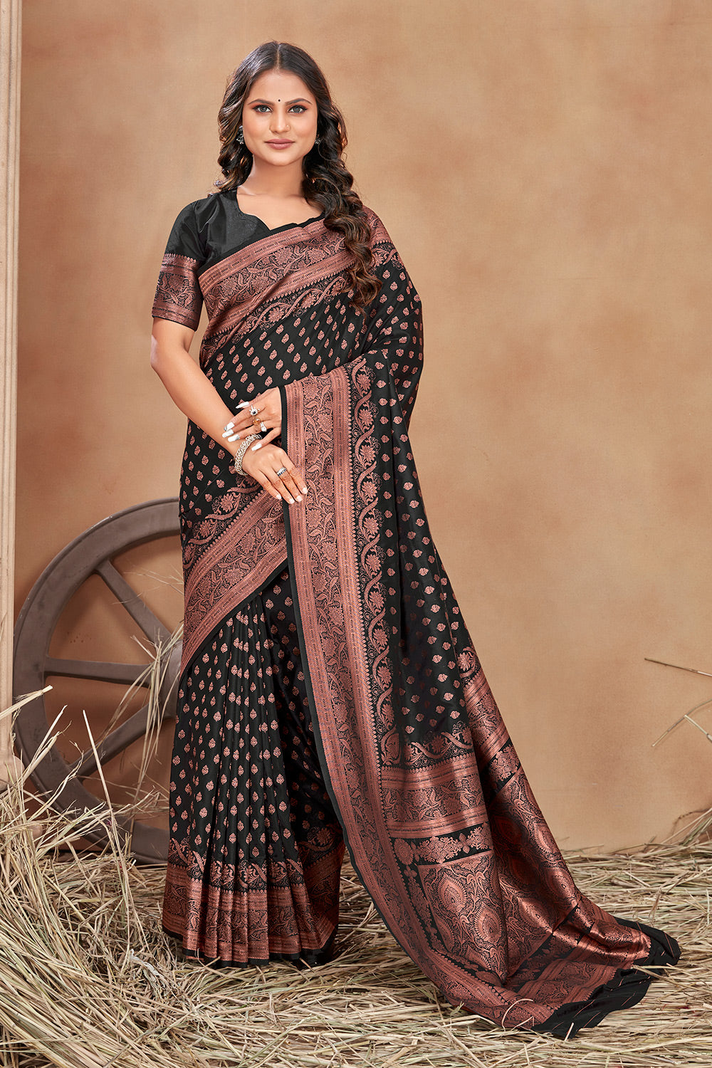 Dark Black Banarasi Silk Saree With Zari Weaving Work