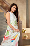 White Digital Printed With Satin Saree
