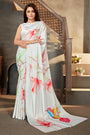 White Digital Printed With Satin Saree