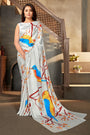 White Satin Saree With Digital Printed