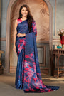 Blue Satin Saree With Digital Printed