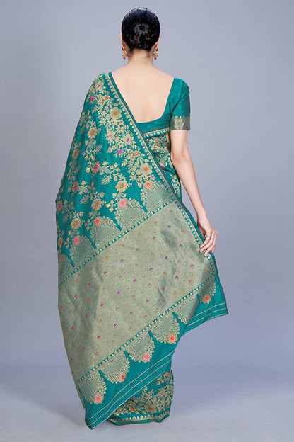 Teal Blue Art Silk Saree With Zari Weaving Work