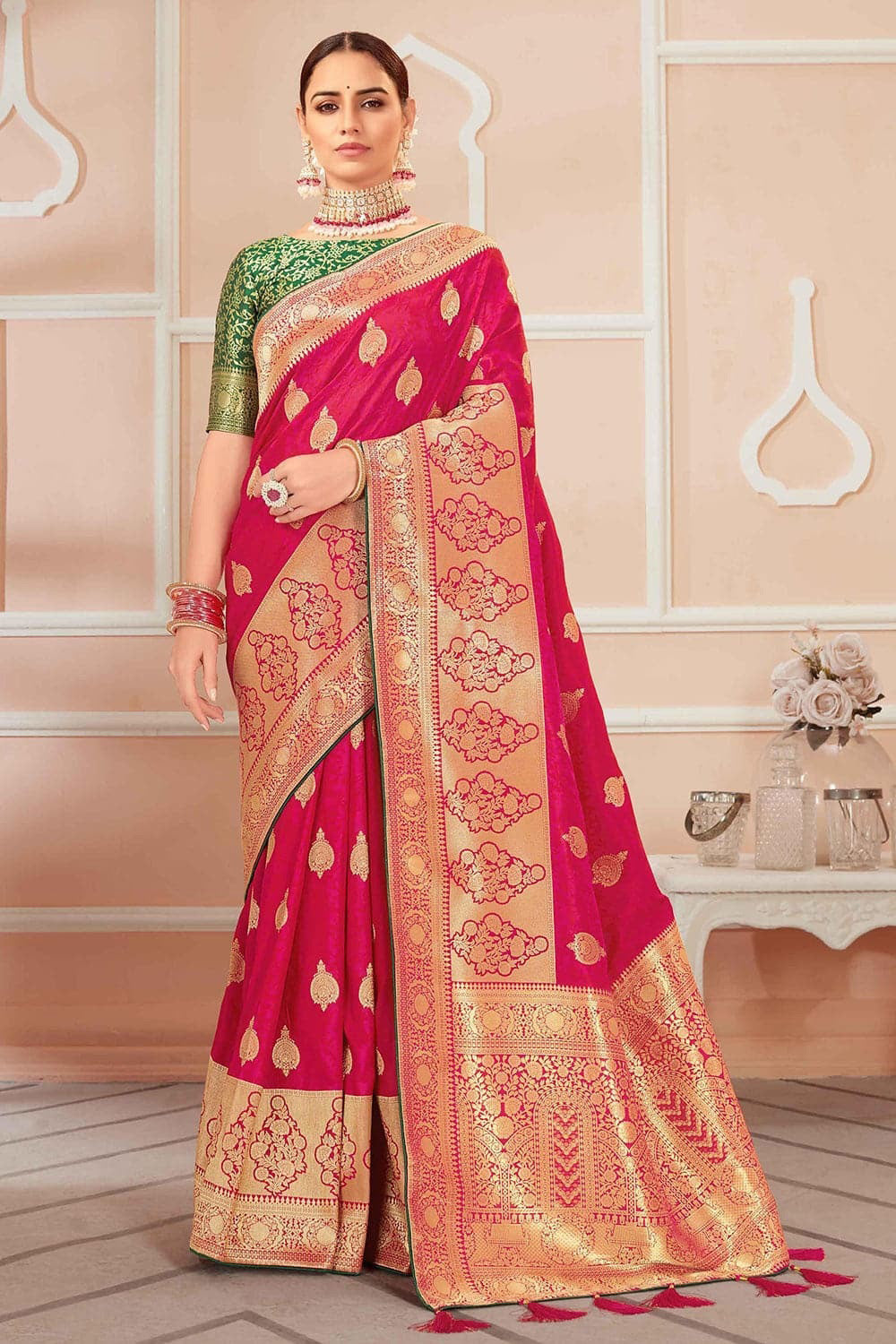 Magenta Pink Banarasi Silk Saree With Zari Weaving Work