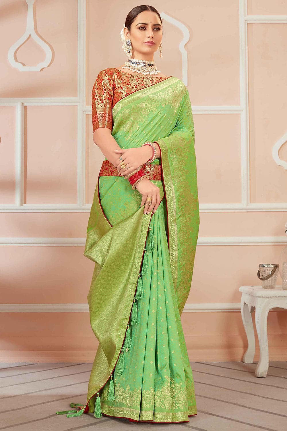 Green Banarasi Embroidery Silk Saree With Zari Weaving Work