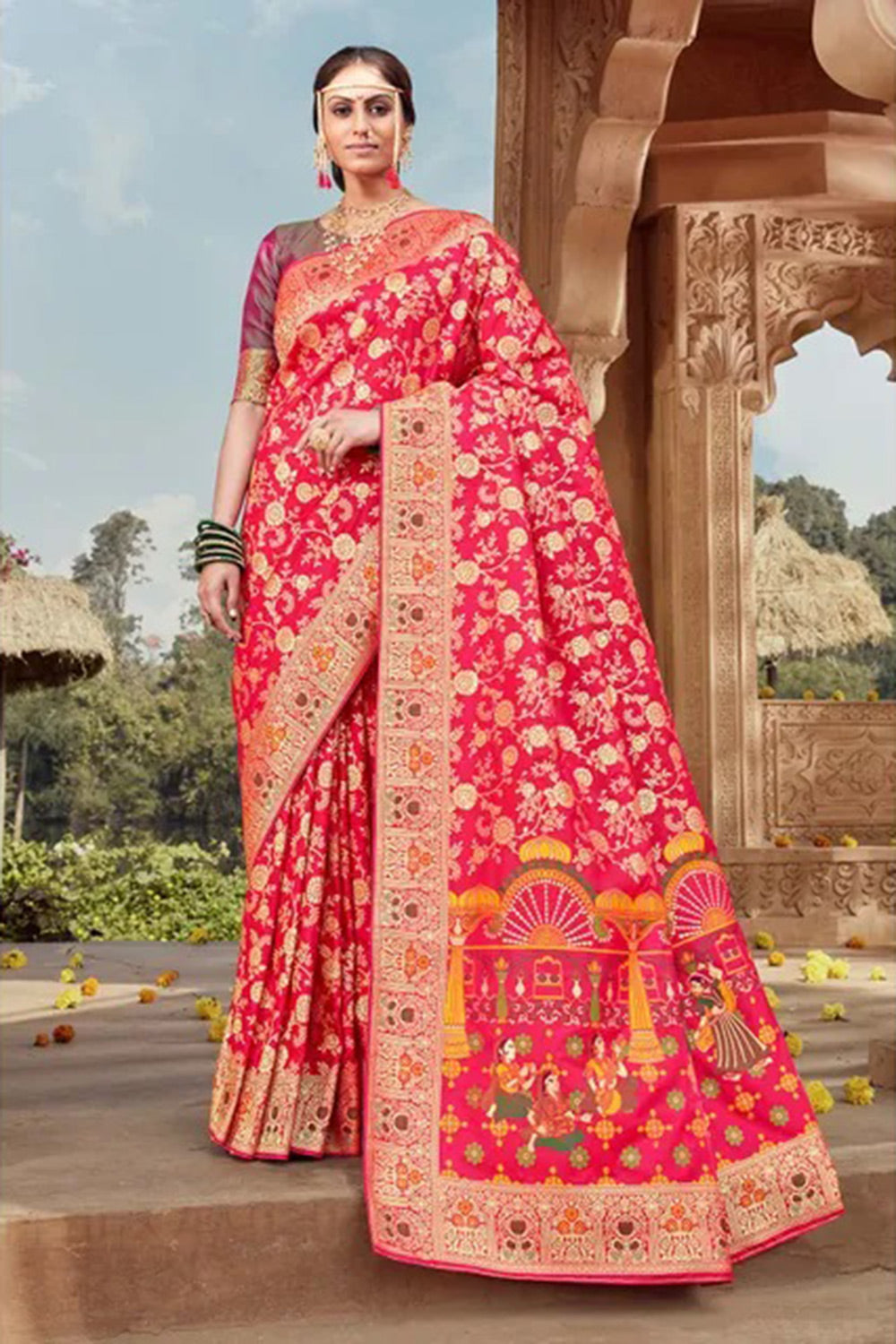 Rani Pink Banarasi Silk Saree With Zari Weaving Work