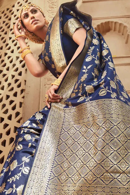 Navy Blue Banarasi Silk Saree With Zari Weaving Work