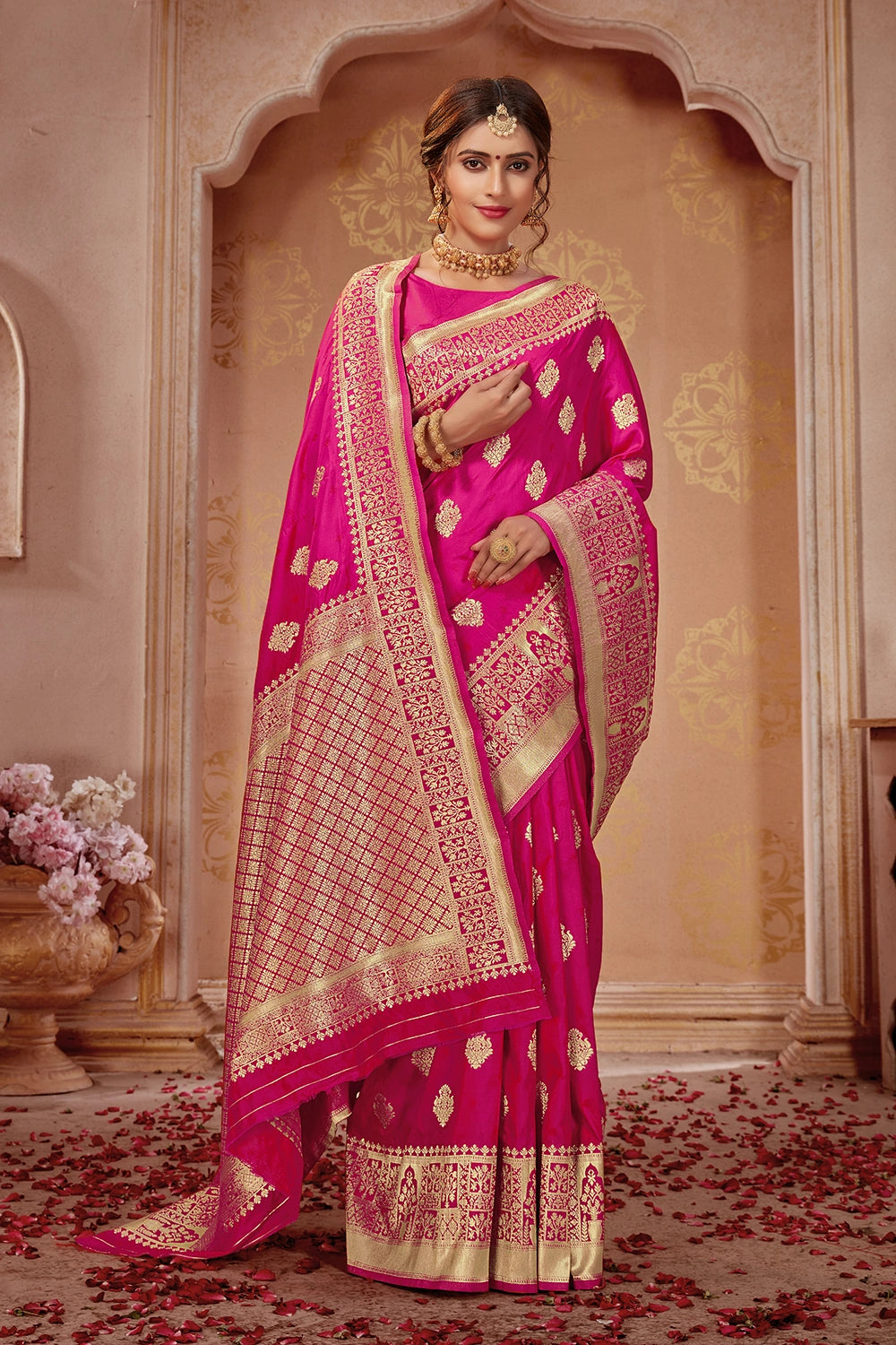 Rani Pink Banarasi Silk Saree With Zari Weaving Work