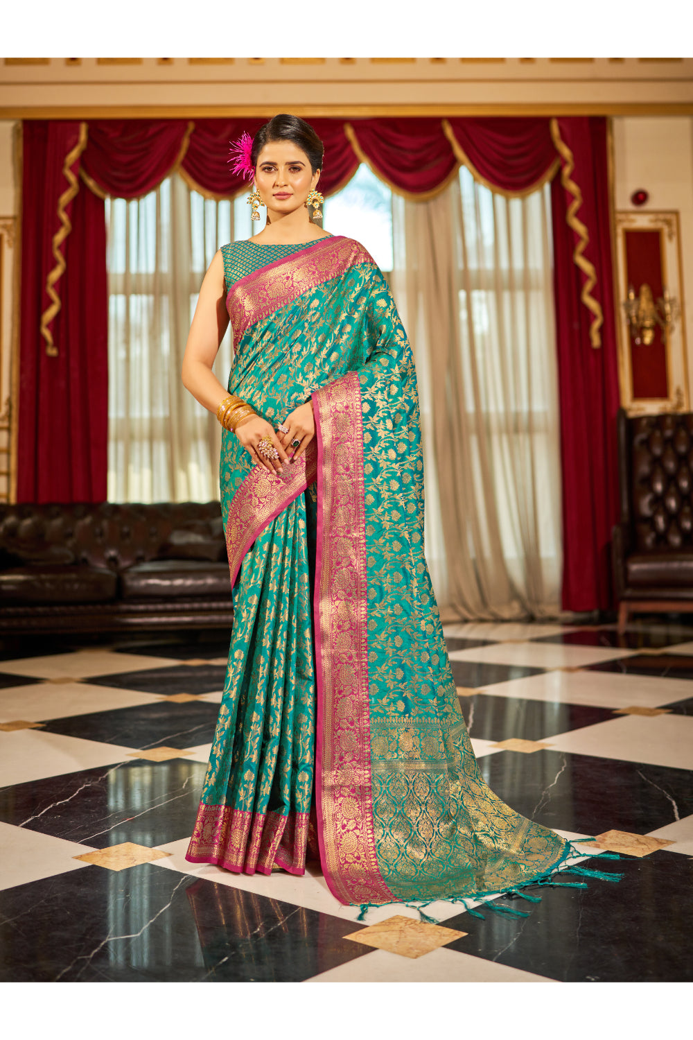 Jade Green Tessar Kanjivaram Silk Weaving Saree