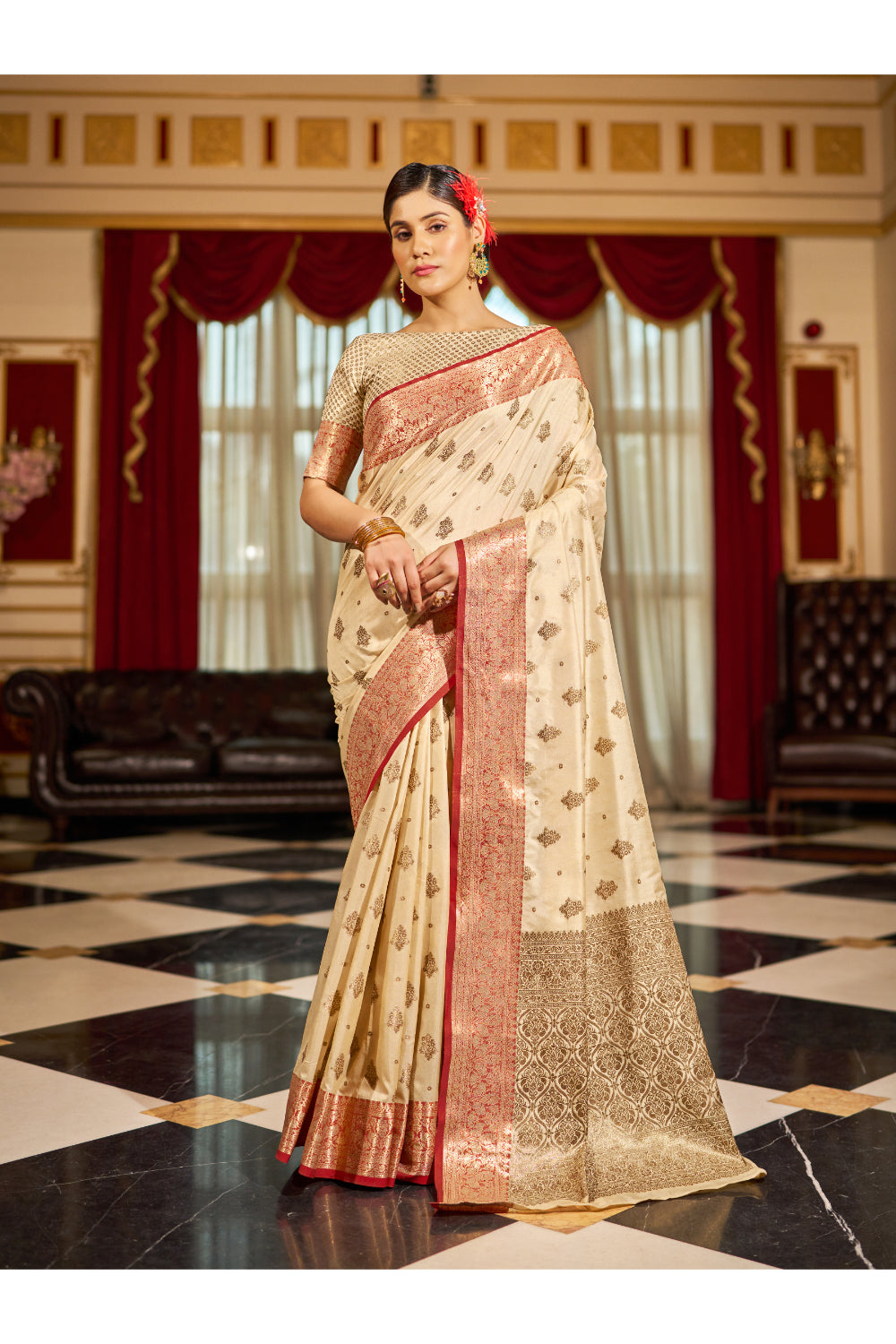 Attractive Cream Tessar Kanjivaram Silk Weaving Saree