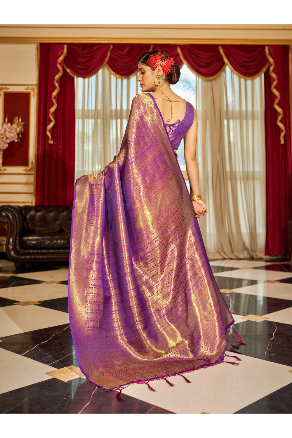 Beautiful Hot Purple Shine Kanjivaram Wedding Saree With Blouse