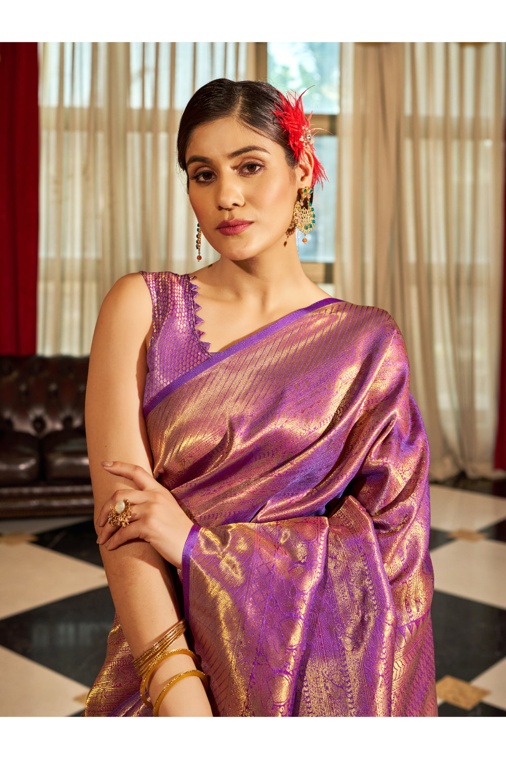 Beautiful Hot Purple Shine Kanjivaram Wedding Saree With Blouse