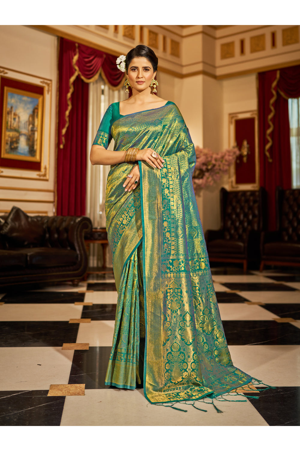 Basil Green &amp; Golden Zari Woven Kanjivaram Saree With Blouse