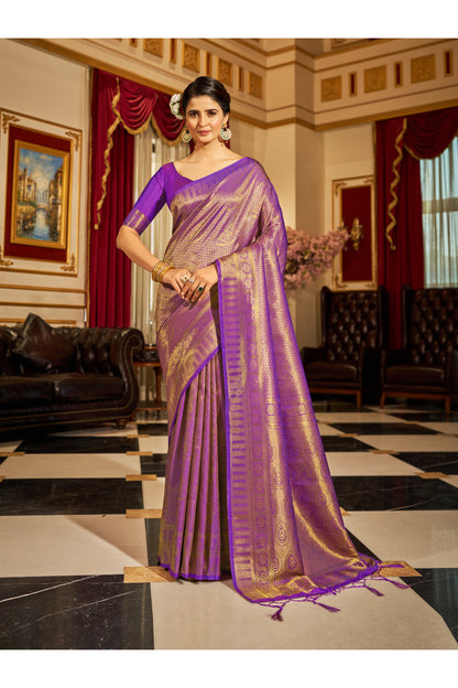 Violet &amp; Golden Zari Woven Kanjivaram Saree With Blouse