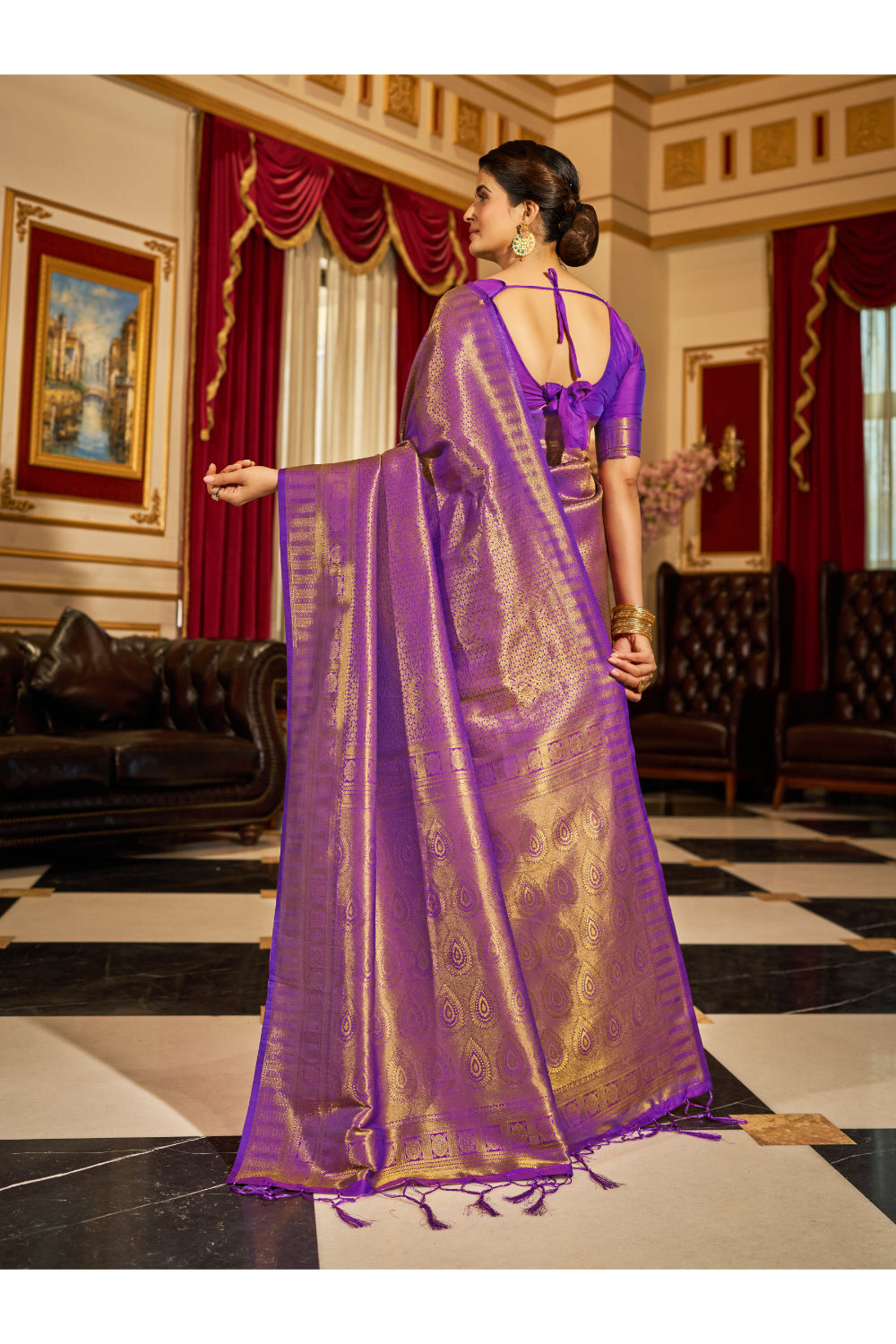 Violet &amp; Golden Zari Woven Kanjivaram Saree With Blouse