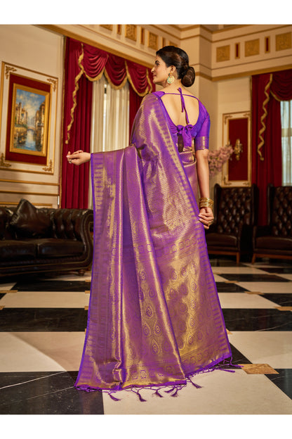 Violet &amp; Golden Zari Woven Kanjivaram Saree With Blouse