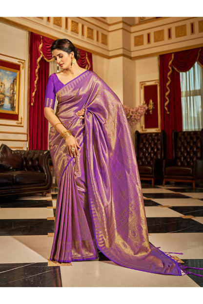 Violet &amp; Golden Zari Woven Kanjivaram Saree With Blouse