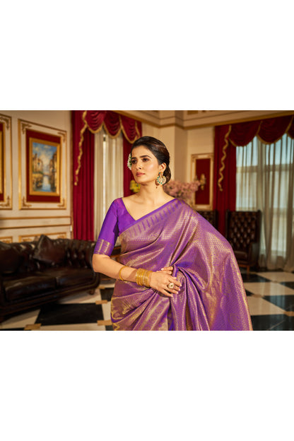 Violet &amp; Golden Zari Woven Kanjivaram Saree With Blouse