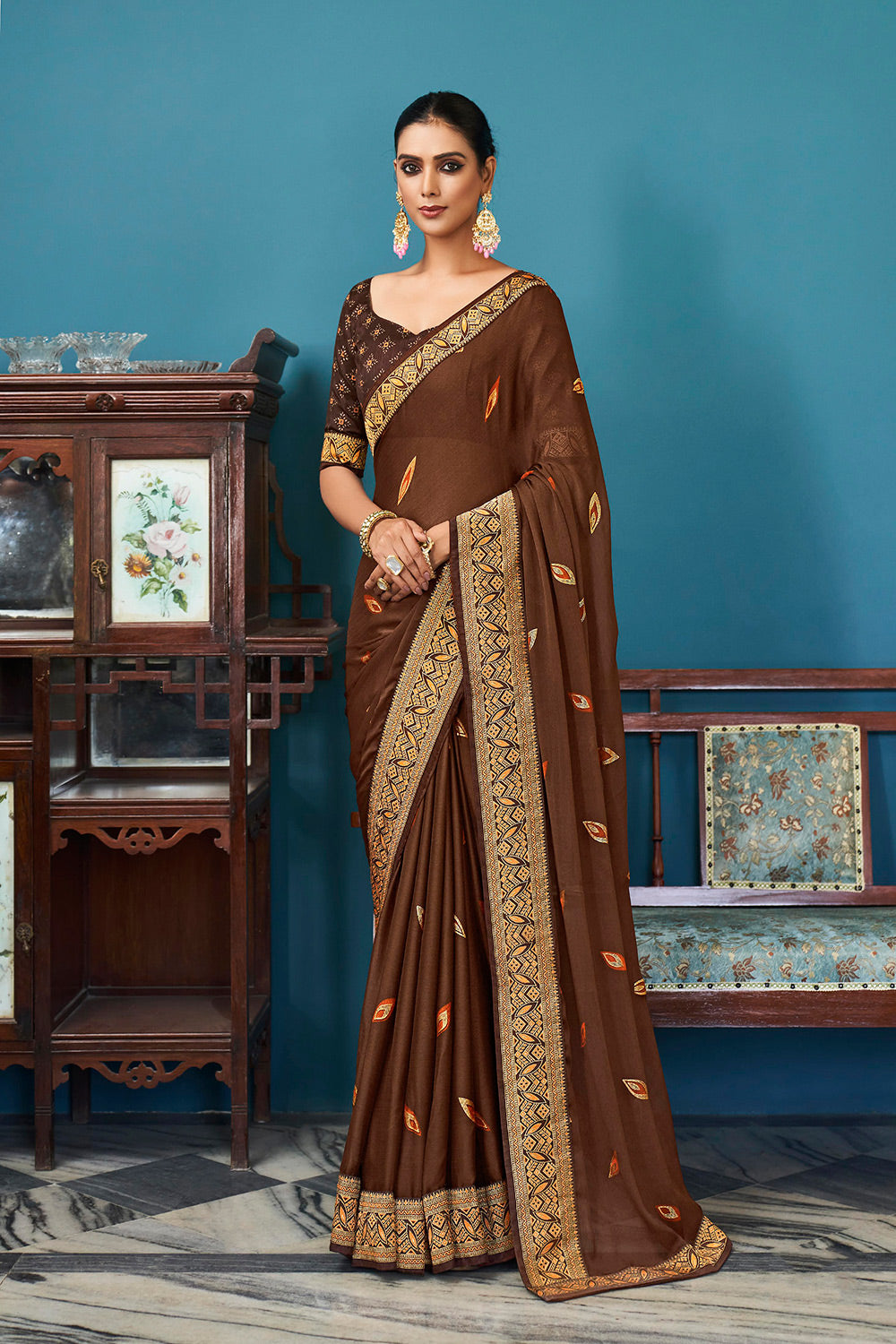 Walnut Brown Colour Chiffon Printed Saree