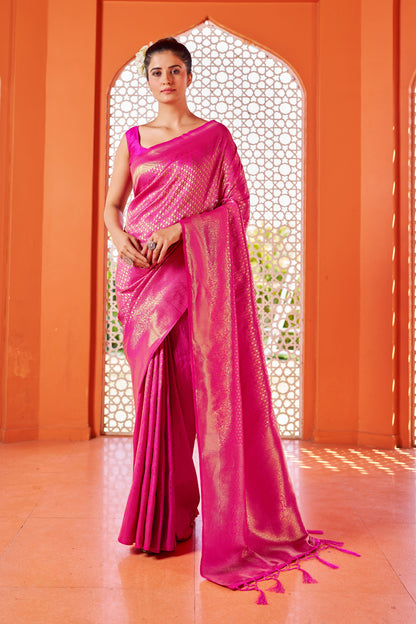 Magneta Pink &amp; Golden Zari Woven Kanjivaram Saree With Blouse