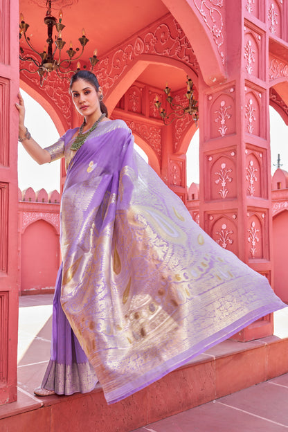 Lavender Zari Woven Linen Silk Saree With Matching Blouse