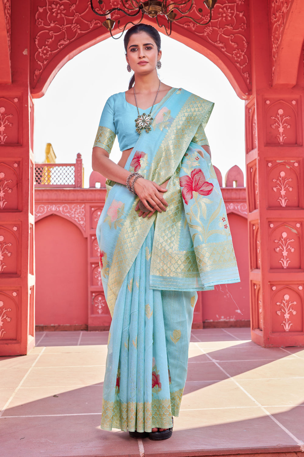 Sky Blue Zari Woven Linen Silk Saree With Matching Blouse