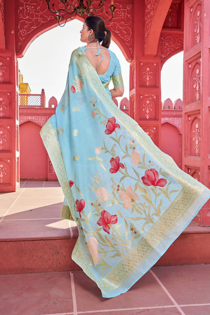 Sky Blue Zari Woven Linen Silk Saree With Matching Blouse