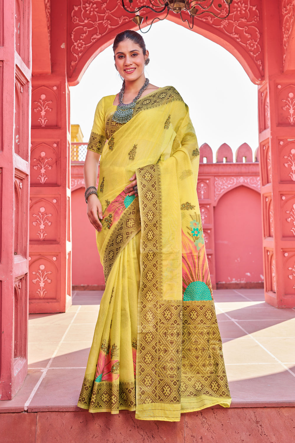 Yellow Zari Woven Linen Silk Saree With Matching Blouse