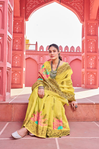 Yellow Zari Woven Linen Silk Saree With Matching Blouse