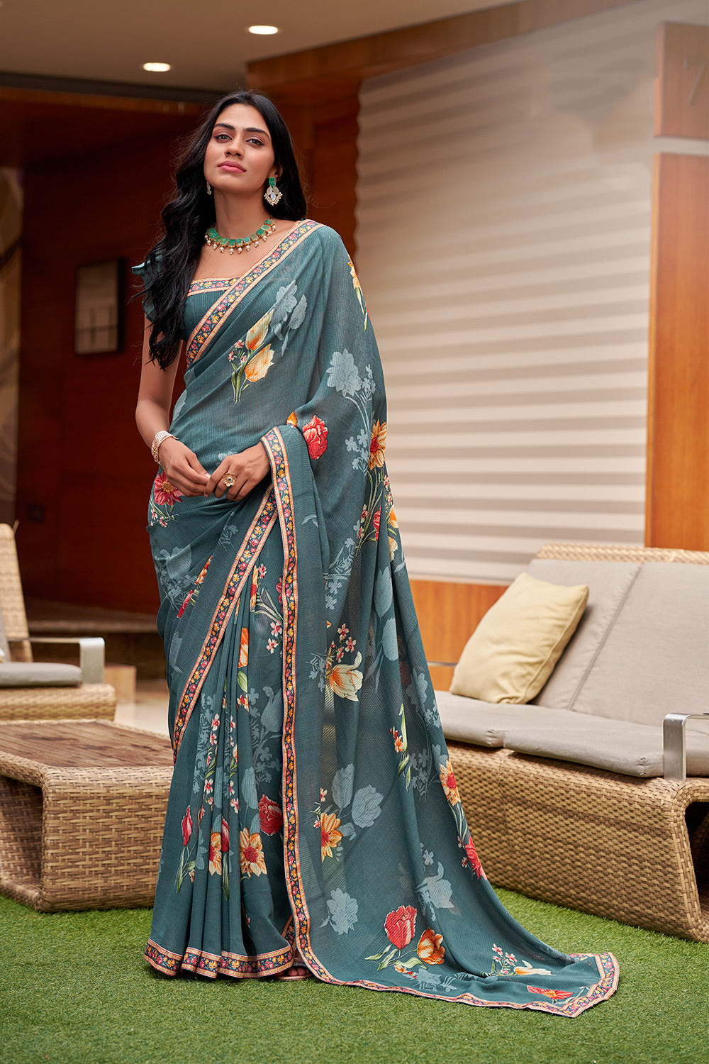 Sapphire Blue Floral Printed Georgette Saree With Digital Border