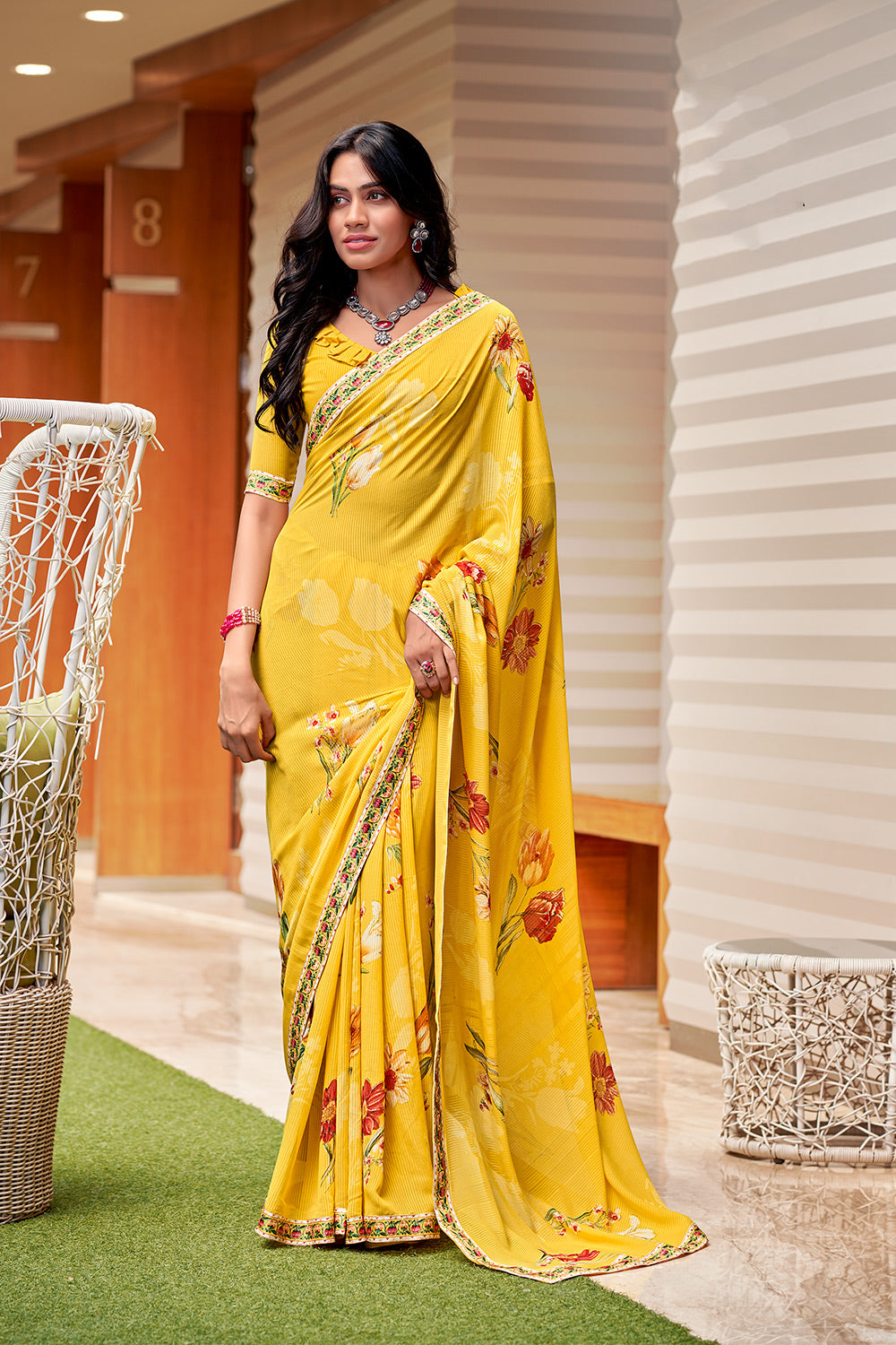 Yellow Colour Floral Printed Georgette Saree