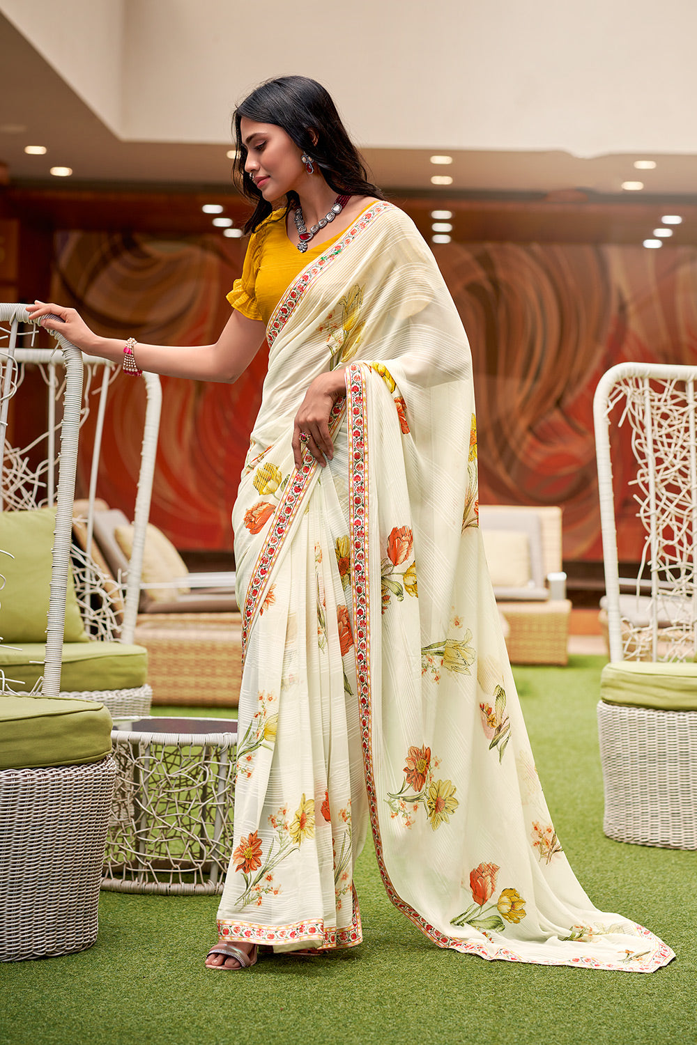 White Colour Georgette Digital Printed Saree With Yellow Blouse