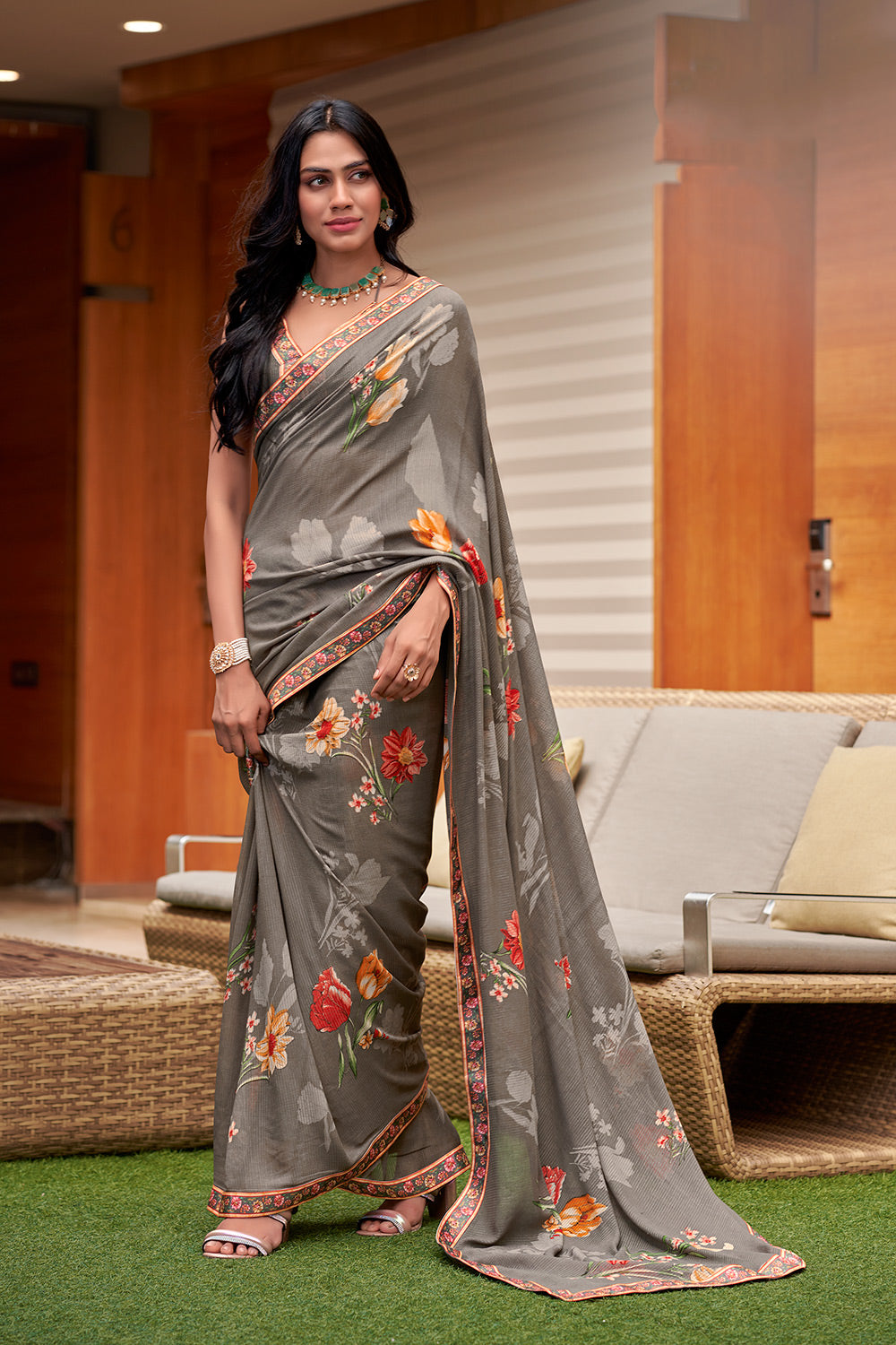Gray Colour Floral Printed Georgette Saree