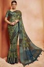 Green & Blue Color Silk With Digital Print Work
