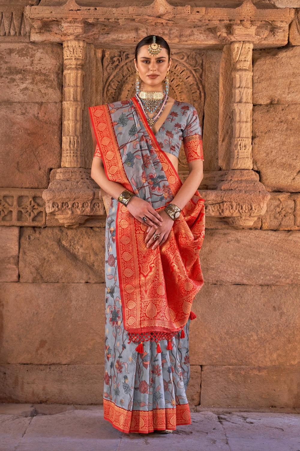 Purplsih Grey Color Banarasi Silk Saree With Digital Print Work
