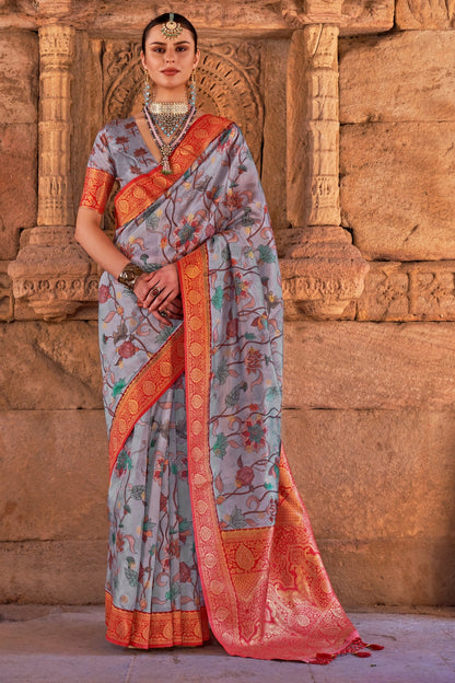 Purplsih Grey Color Banarasi Silk Saree With Digital Print Work