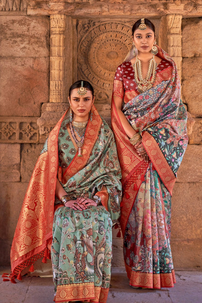 Multi Color Banarasi Silk Saree With Digital Print Work