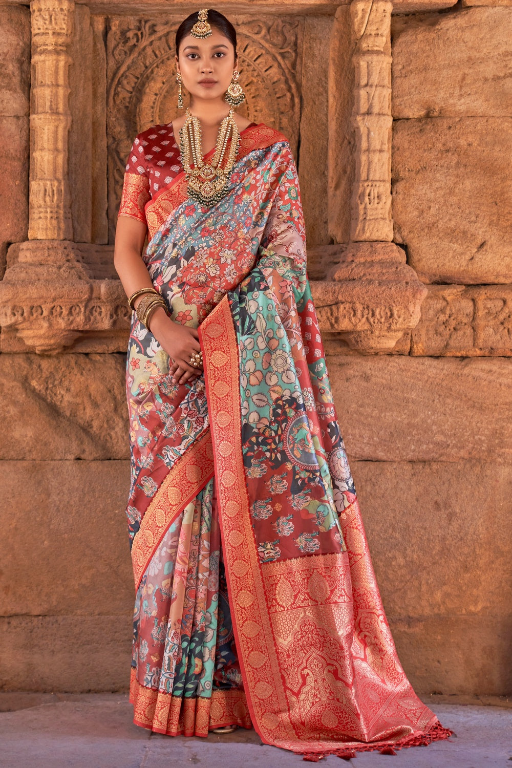 Multi Color Banarasi Silk Saree With Digital Print Work
