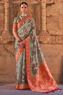 Sage Green Color Banarasi Silk Saree With Digital Print Work