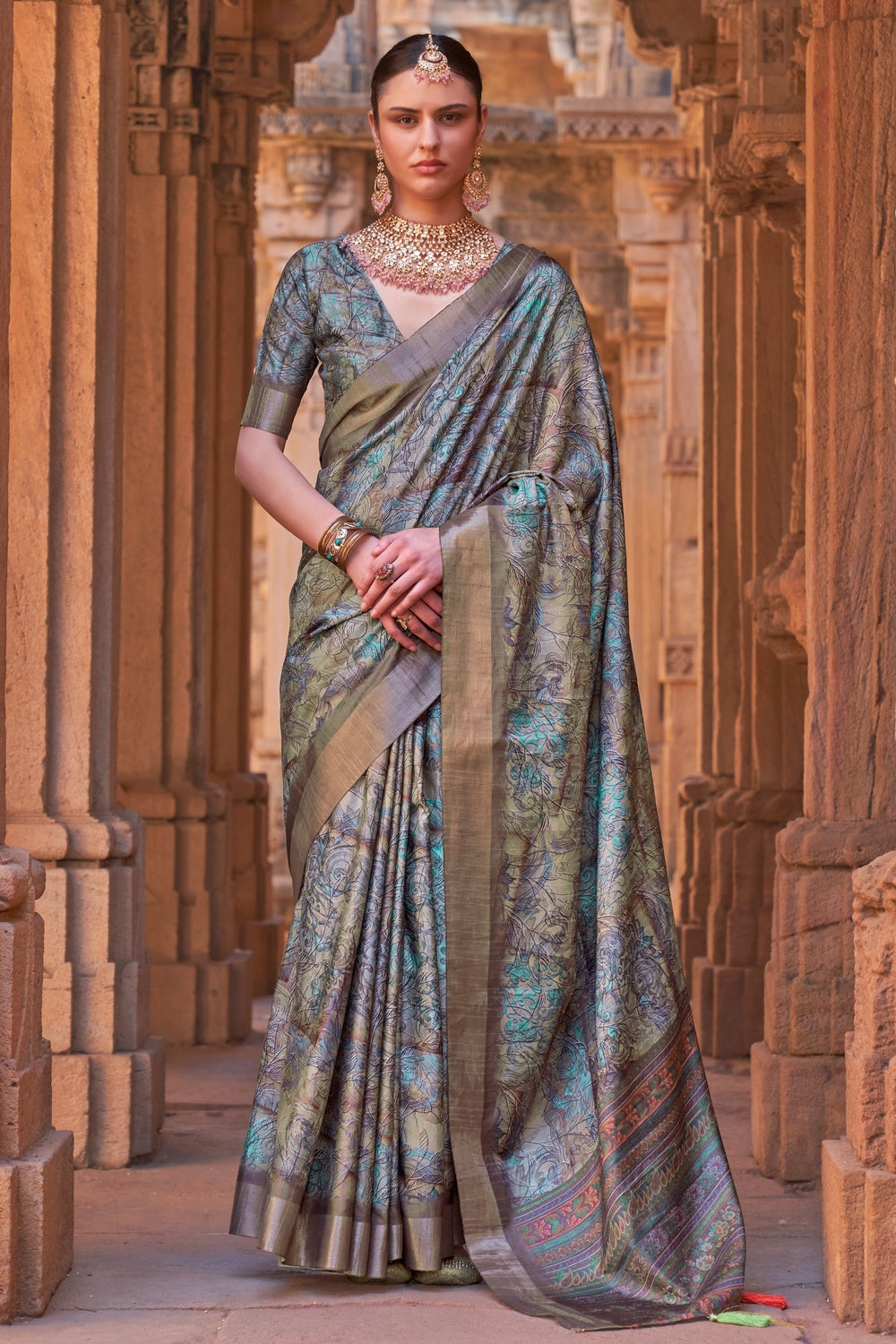 Green &amp; Blue Soft Cotton Silk Saree With Printed &amp; Weaving Border