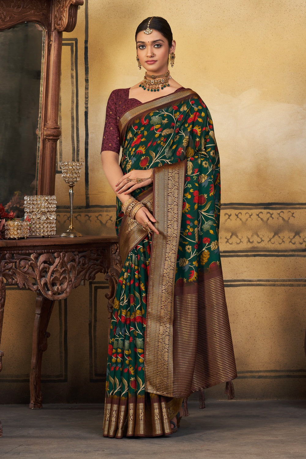 Green And Brown Silk Saree With Digital Print Work