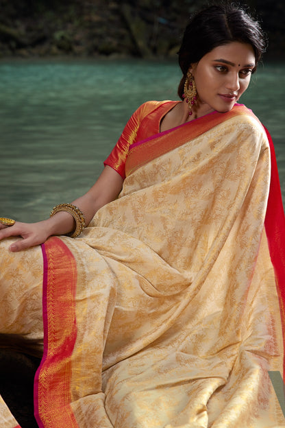Cream And Pink Kanjivaram Silk Saree With Zari Weaving Work