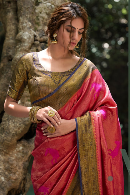 Pink and Blue Kanjivaram Silk Saree With Zari Weaving Work