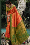Orange And Green Kanjivaram Silk Saree With Zari Weaving Work