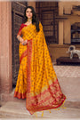 Golden Yellow And Red Banarasi Silk Saree With Zari Weaving Work
