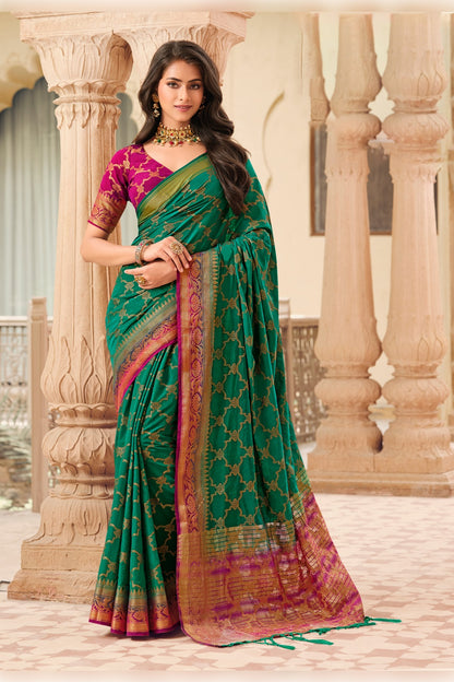 Pine Green And Pink Banarasi Silk Saree With Zari Weaving Work