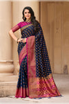 Navy Blue And Pink Banarasi Silk Saree With Zari Weaving Work