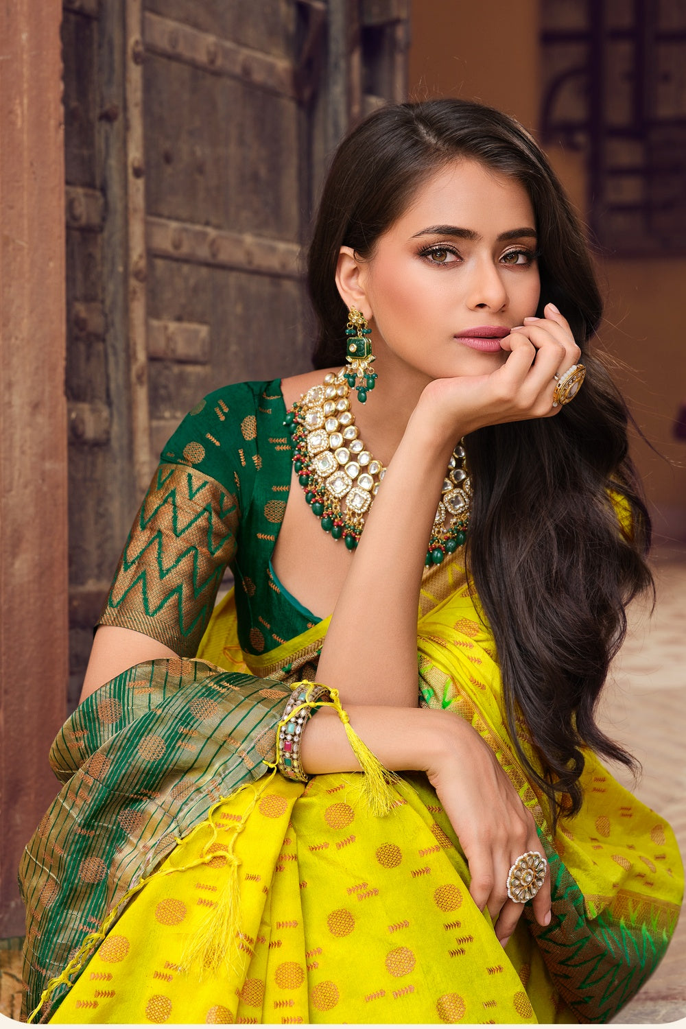 Lime And Green Banarasi Silk Saree With Zari Weaving Work