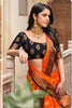 Orange And Black Banarasi Silk Saree With Zari Weaving Work